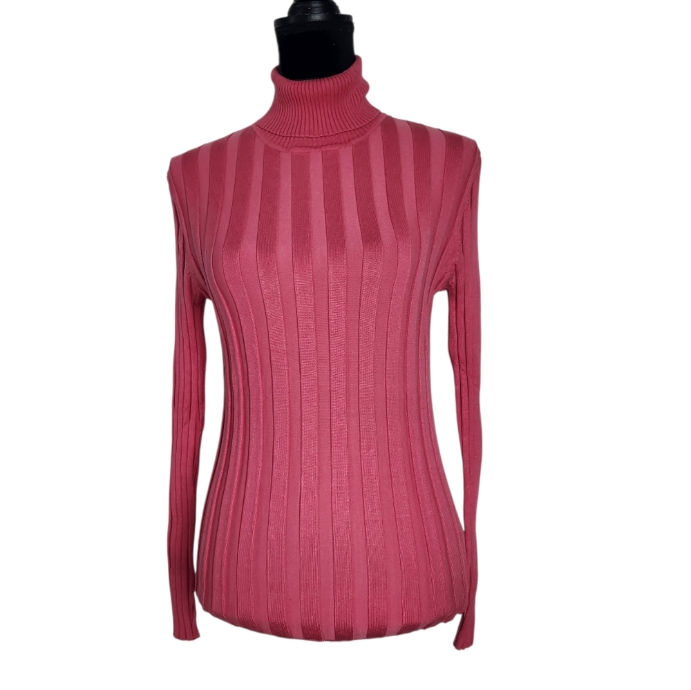 Pink Wide Stripe Ribbed Turtleneck Sweater Top